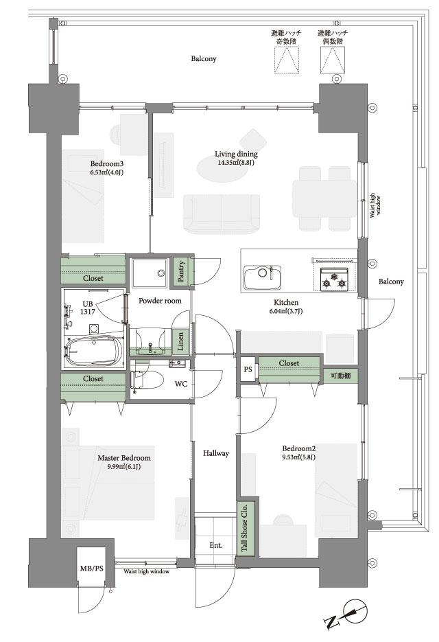 ミルコマンション大里グランビューの間取り図　C1：3LDK