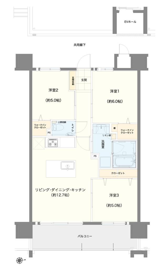 ワイズエステムコート新都心天久の間取り図　B：3LDK