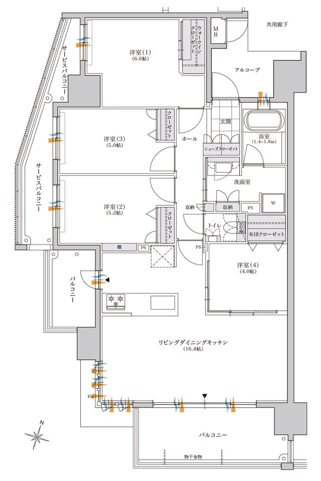 レジデンシャルメゾン住吉サウスの間取り図　A：4LDK+WIC+FC