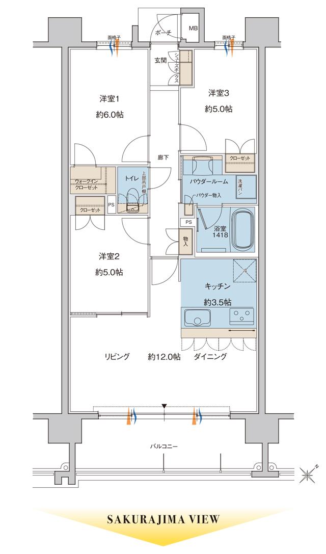 MJR鹿児島駅ガーデンコートの間取り図　F：3LDK+WIC