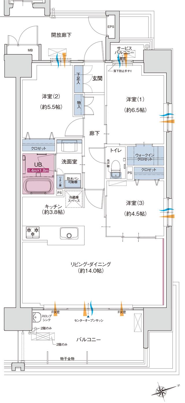 ポレスター唐津ザ・リミテッドの間取り図　C：3LDK+ウォークインクロゼット