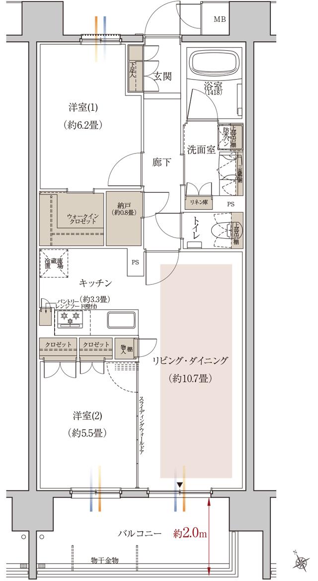 リビオシティ小倉中井 ウエストコートの間取り図　C：2LDK+WIC+N
