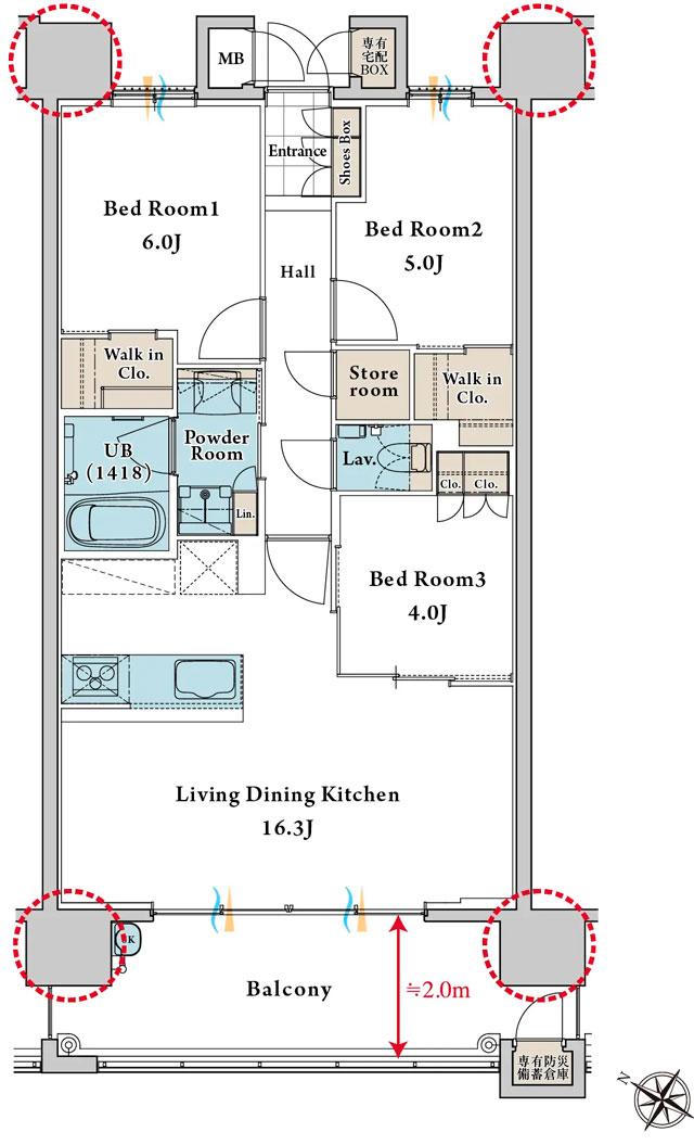 ザ・サンパーク守恒の間取り図　B：3LDK+Store room+2WIC