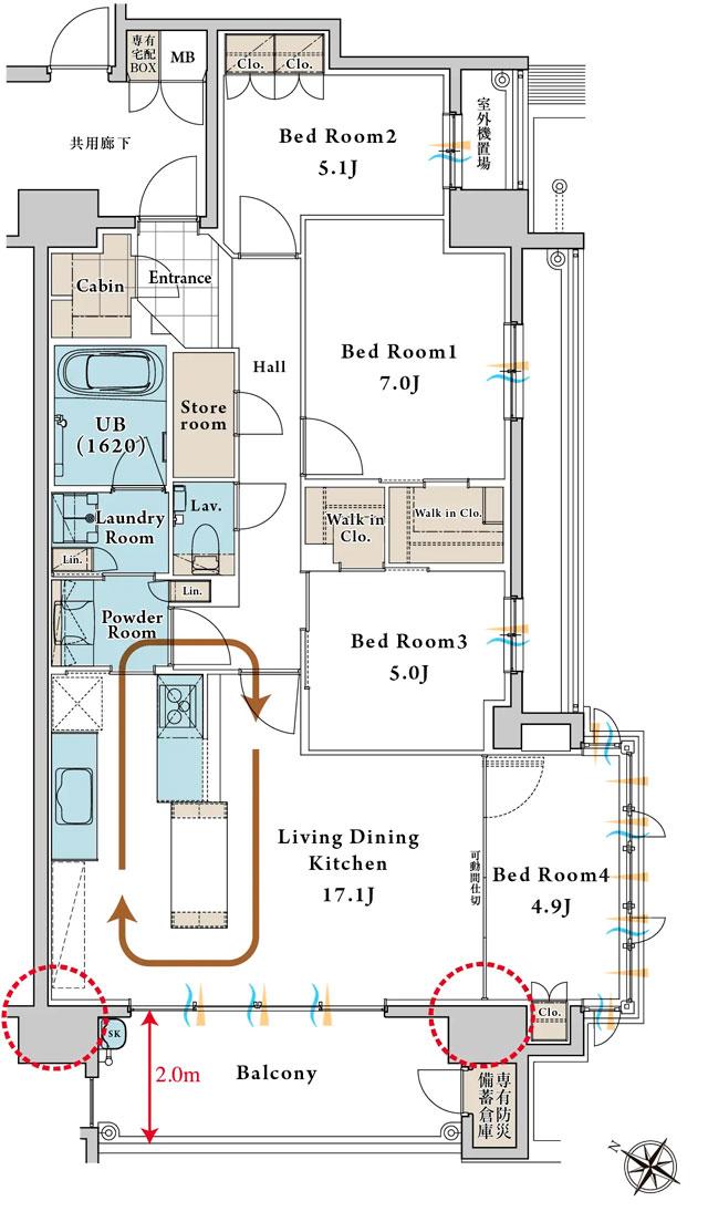ザ・サンパーク守恒の間取り図　E：4LDK+Cabin+Store room+2WIC