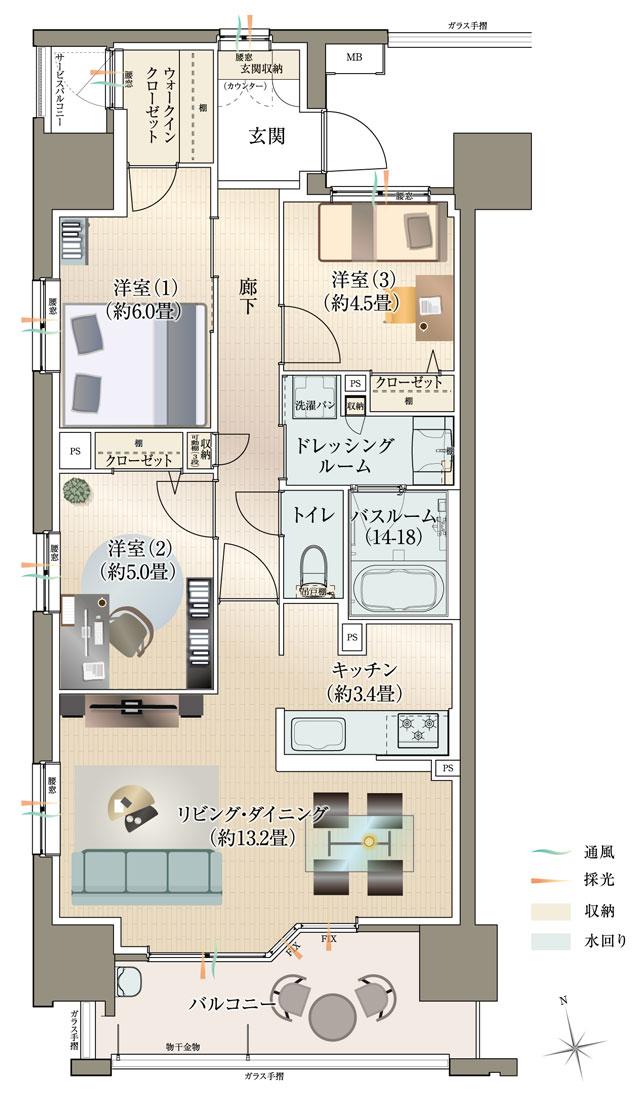 サーパス大橋高千穂通りの間取り図　A：3LDK+WIC