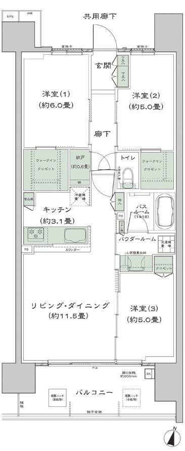 シティテラス宮崎の間取り図　D：3LDK+N+2WIC