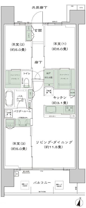シティテラス宮崎の間取り図　D'：3LDK+N+2WIC