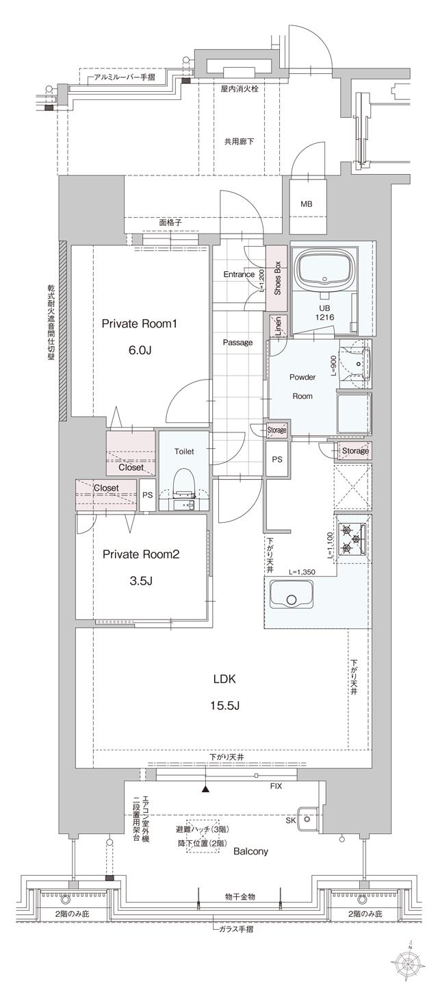 DEUX・RESIA  大濠 SOUTH  SIDE（仮称）の間取り図　B：2LDK