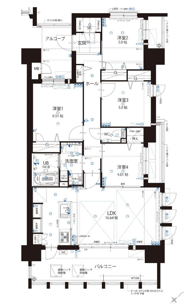 グランドキャッスル戸畑 STA.の間取り図　E：4LDK