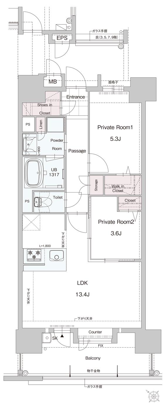 （仮称）ASSOCIA 博多 吉塚 TERRACEの間取り図　B：2LDK