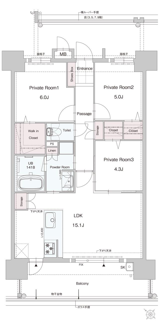 （仮称）ASSOCIA 博多 吉塚 TERRACEの間取り図　C：3LDK