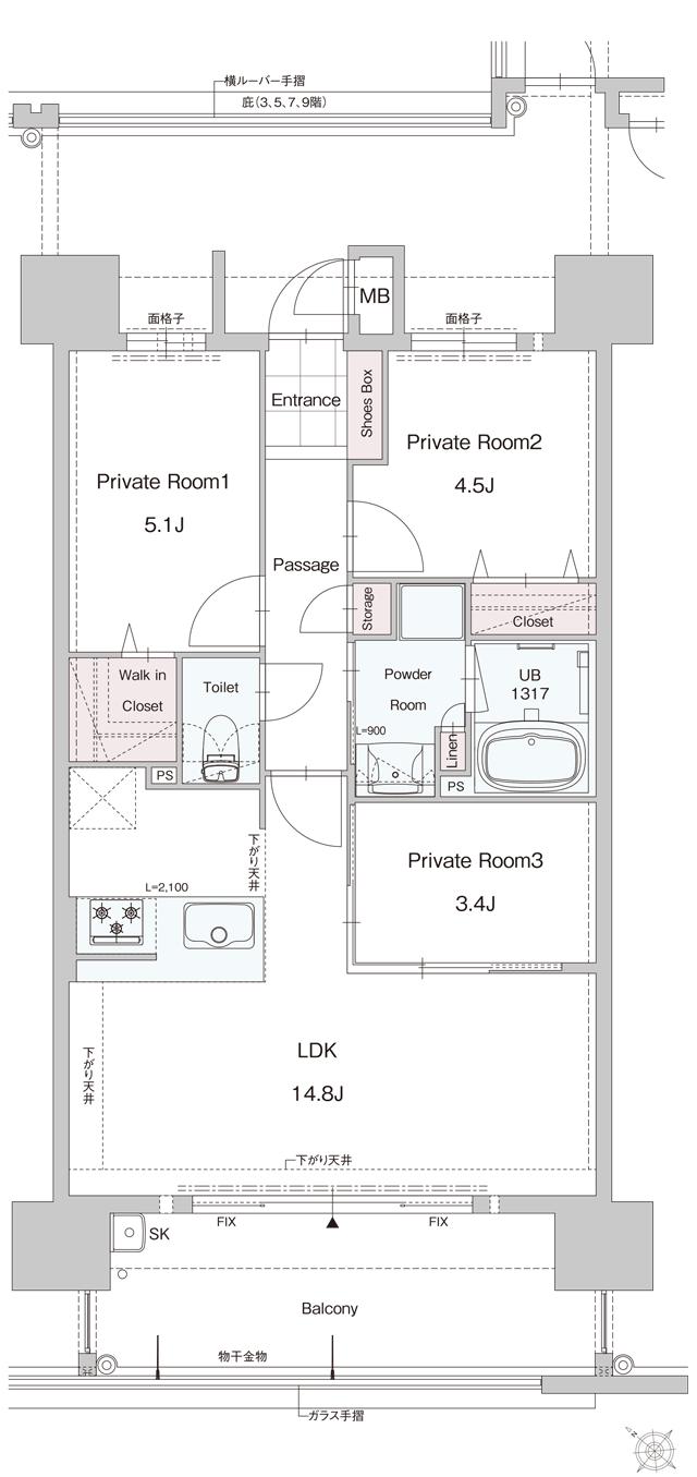 （仮称）ASSOCIA 博多 吉塚 TERRACEの間取り図　D：3LDK