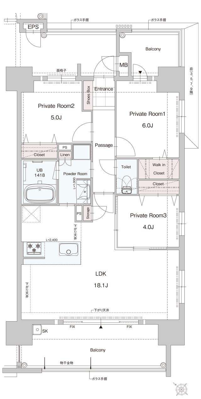 （仮称）ASSOCIA 博多 吉塚 TERRACEの間取り図　E：3LDK