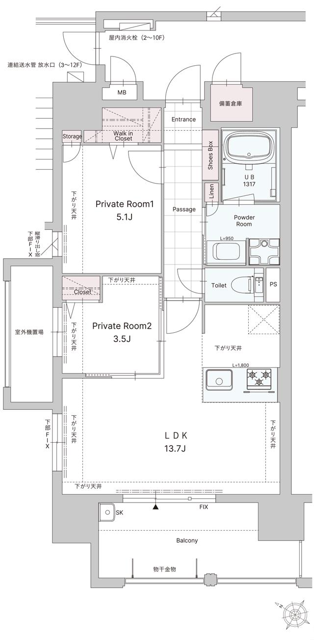デュ・レジア薬院ザ シティの間取り図　A：2LDK