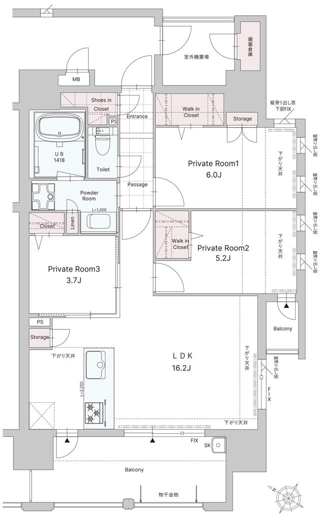 デュ・レジア薬院ザ シティの間取り図　C：3LDK