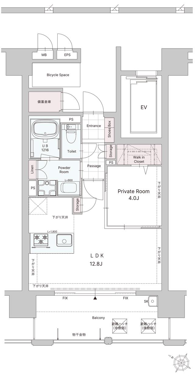 デュ・レジア薬院ザ シティの間取り図　B：1LDK