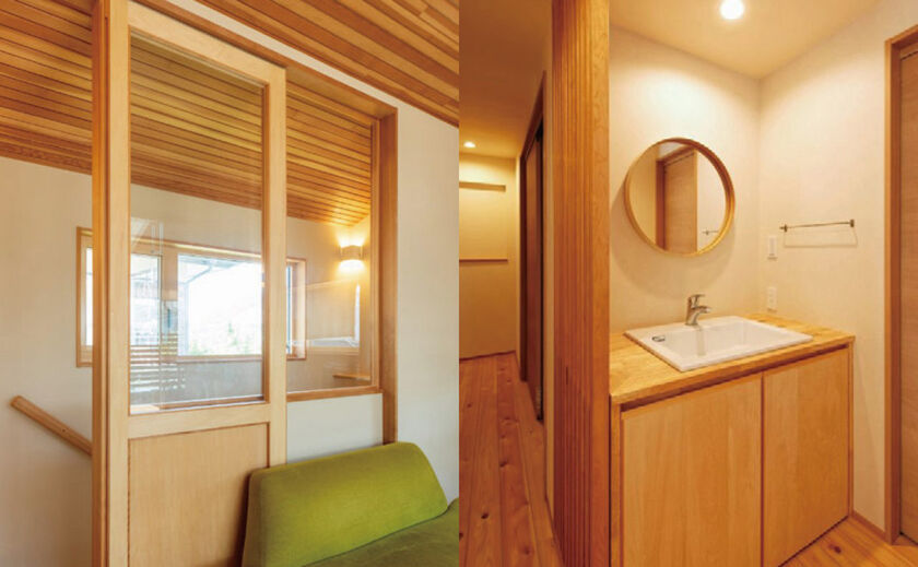 優建築工房 オリジナルの建具や洗面台、ベンチなど造作のインテリアが空間のデザインを整えるの画像