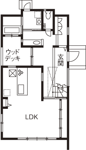 吹抜けの家  福山住宅 【2500～3000万円/間取図有/ロフト/中庭】 心地好い距離感で暮らす。北摂で土地から叶えた納得の家の間取り図（３LDK＋ロフト＋中庭）1階