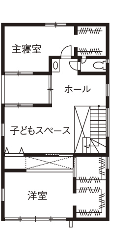 吹抜けの家  福山住宅 【2500～3000万円/間取図有/ロフト/中庭】 心地好い距離感で暮らす。北摂で土地から叶えた納得の家の間取り図（３LDK＋ロフト＋中庭）2階