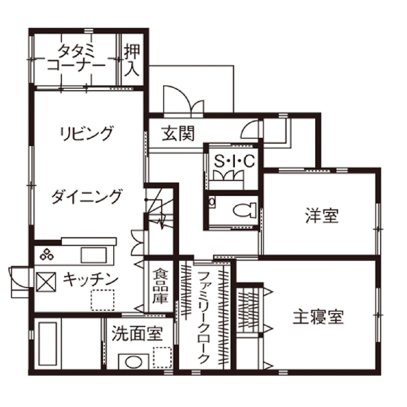 吹抜けの家  福山住宅 【2500～3000万円】思わず見上げる吹抜けリビング。家事ラクの工夫が満載のナチュラルな家の間取り図（4LDK）１階