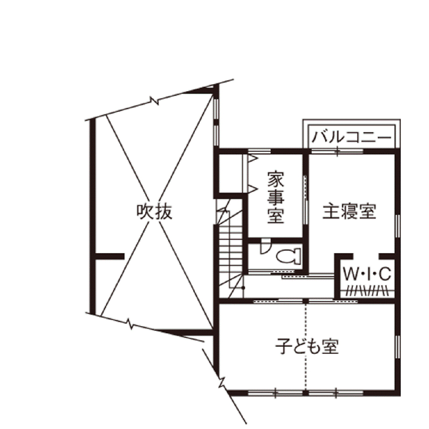 吹抜けの家  福山住宅 【2500～3000万円】思わず見上げる吹抜けリビング。家事ラクの工夫が満載のナチュラルな家の間取り図（4LDK）２階