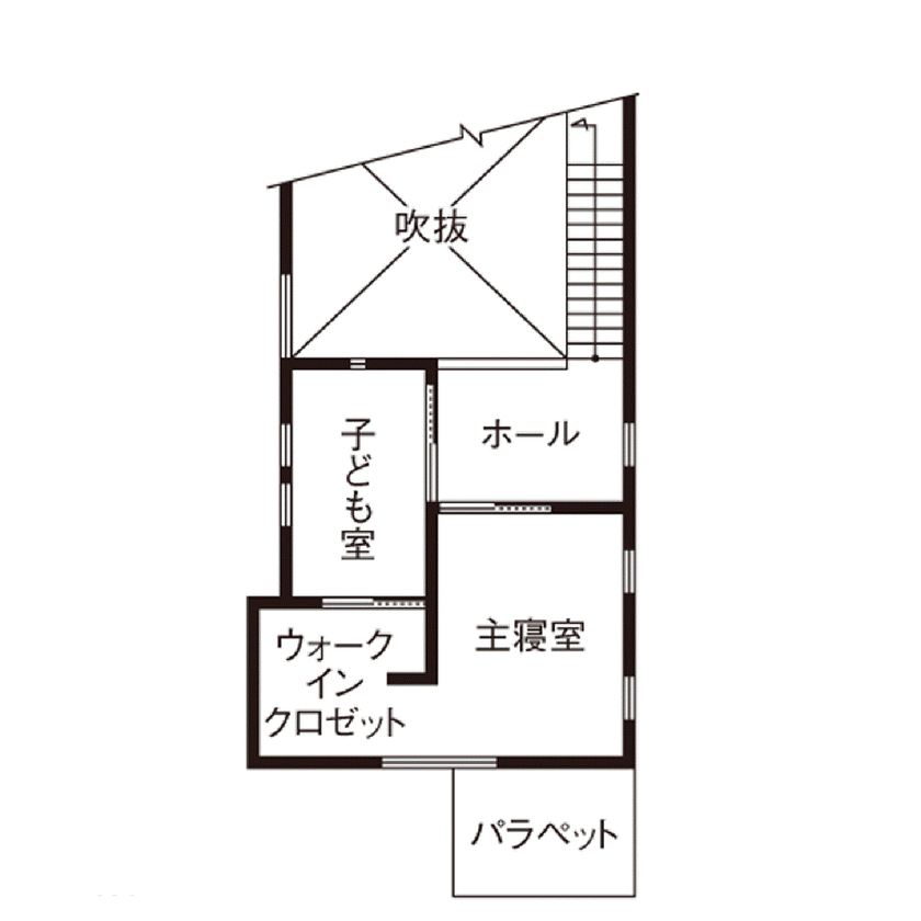 吹抜けの家  福山住宅 【2000～2500万円】故郷カナダの家みたいな大きな吹抜けリビングで暮らす。機能的な水廻りも快適の間取り図（2LDK+S）２階