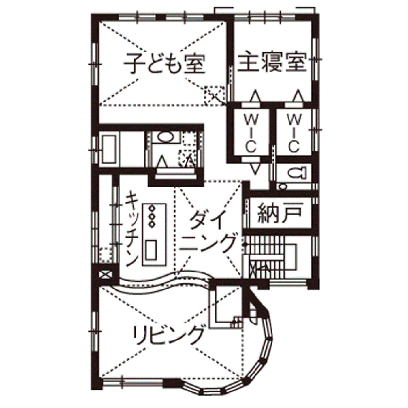 吹抜けの家  福山住宅 【4000万円～】高台を愉しむ家。アール設計の眺望リビング、上品なインテリア…繊細に想いを形にの間取り図（3LDK+ロフト＋S）２階