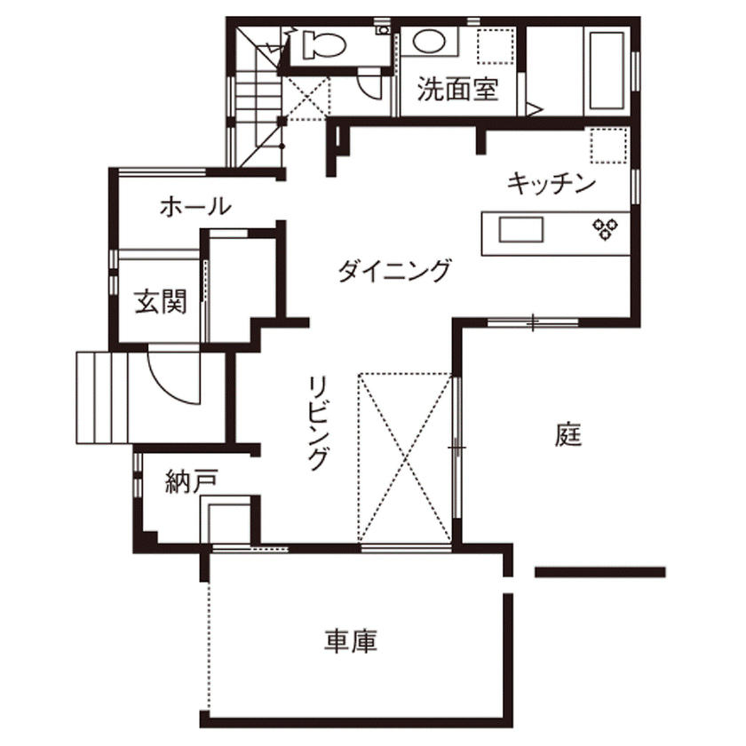 吹抜けの家  福山住宅 【2500～3000万円】彩り鮮やかで上品なインテリアで空間をデザイン。ガラス張りのインナーガレージのある家の間取り図（4LDK+書斎）１階