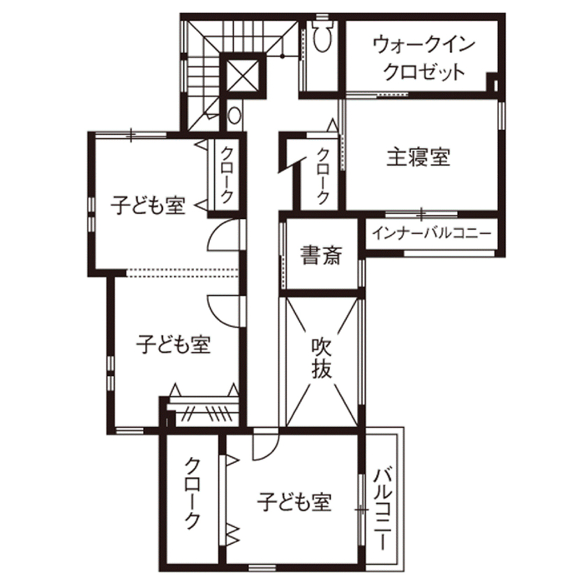 吹抜けの家  福山住宅 【2500～3000万円】彩り鮮やかで上品なインテリアで空間をデザイン。ガラス張りのインナーガレージのある家の間取り図（4LDK+書斎）２階