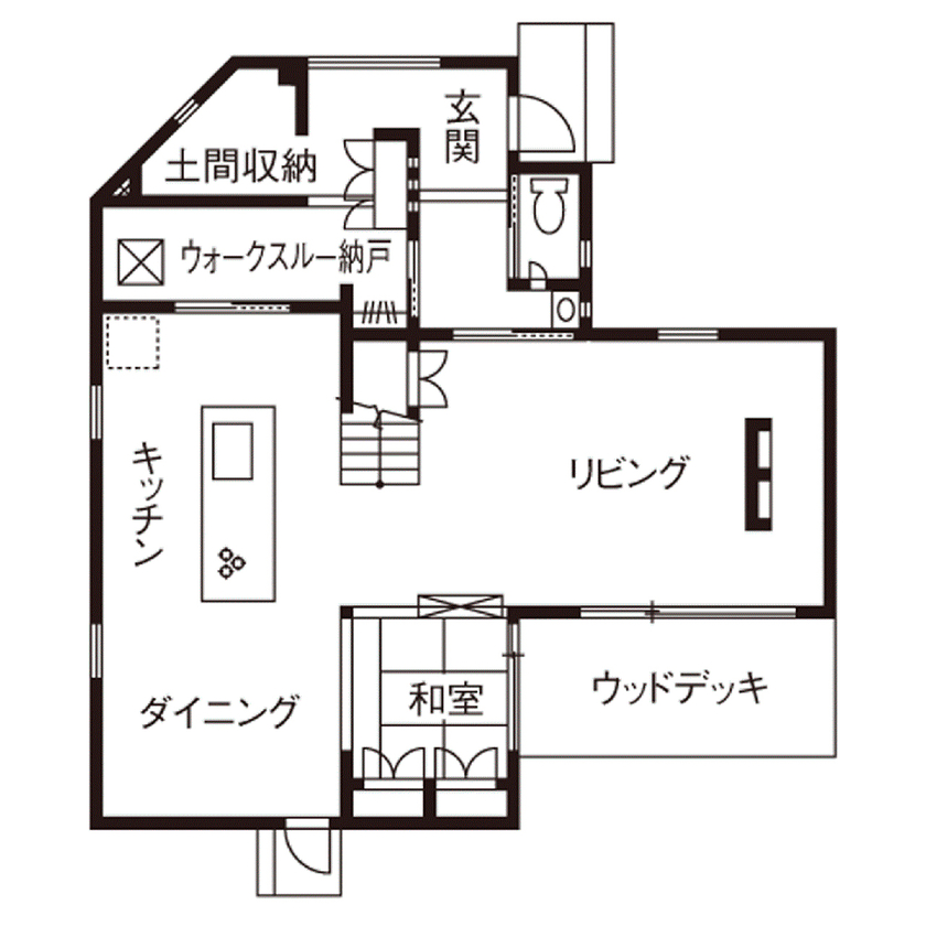 吹抜けの家  福山住宅 【3000～3500万円】イギリス生活のエッセンスを盛り込んで設計。北摂エリアで土地から叶えた動線のいい家の間取り図（2LDK+S）１階