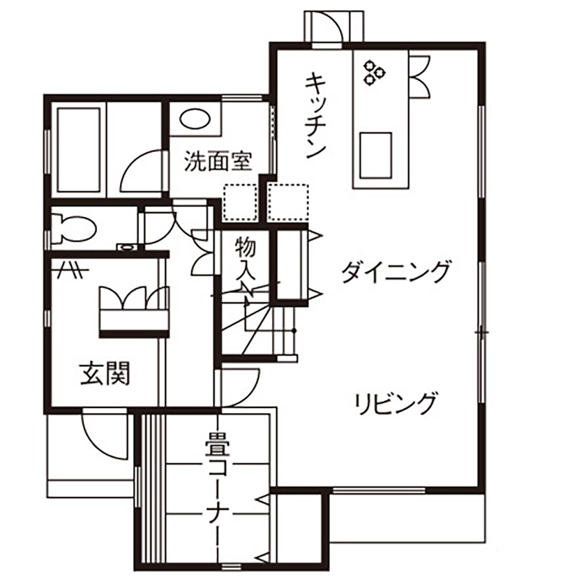 吹抜けの家  福山住宅 【北摂/2000万円台/土地探し】考え抜かれたシンプルな動線が家族の時間を生み出す無垢の家の間取り図（3LDK）１階