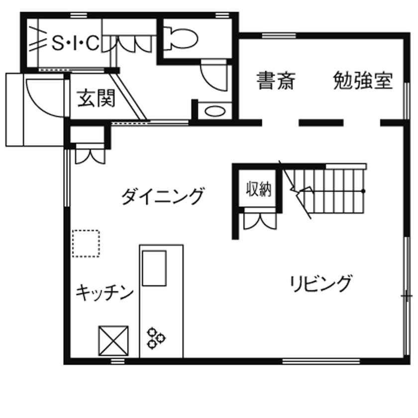 吹抜けの家  福山住宅 【北摂/2000万円台/土地探し】光あふれる家事室と書斎・勉強室がある吹抜けの家の間取り図（3LDK）１階