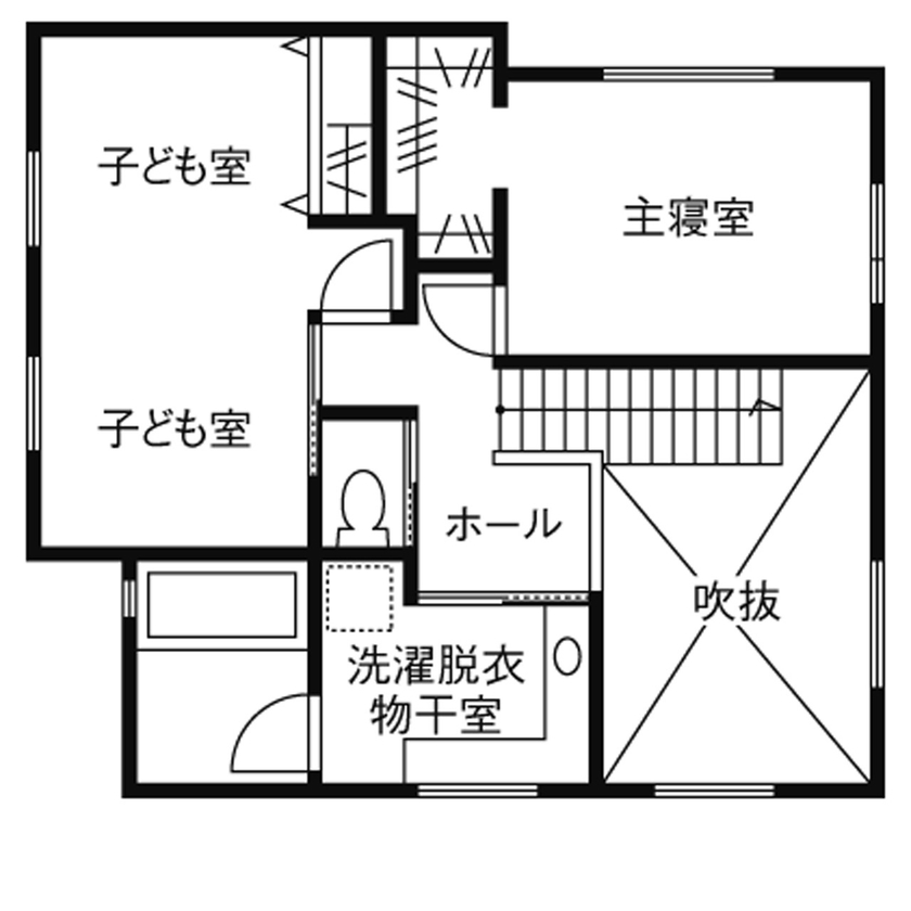 吹抜けの家  福山住宅 【北摂/2000万円台/土地探し】光あふれる家事室と書斎・勉強室がある吹抜けの家の間取り図（3LDK）２階