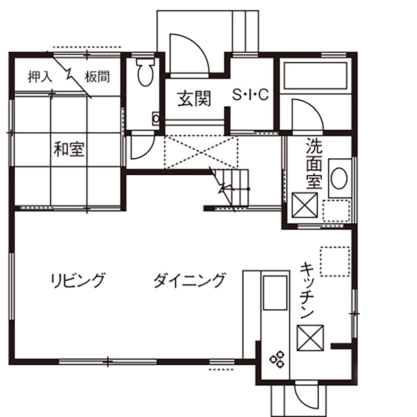 吹抜けの家  福山住宅 【大阪/2000万円台/土地探し】夏も冬も心地好い！大人ナチュラルで家事ラクな家の間取り図（4LDK）１階