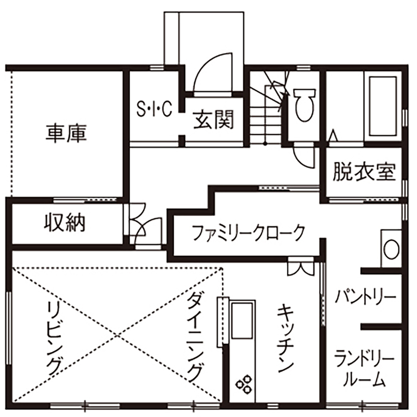 吹抜けの家  福山住宅 【北摂/2000万円台/土地探し】陽射しと緑に癒されるガーデンカフェみたいな家の間取り図（2LDK＋S）１階