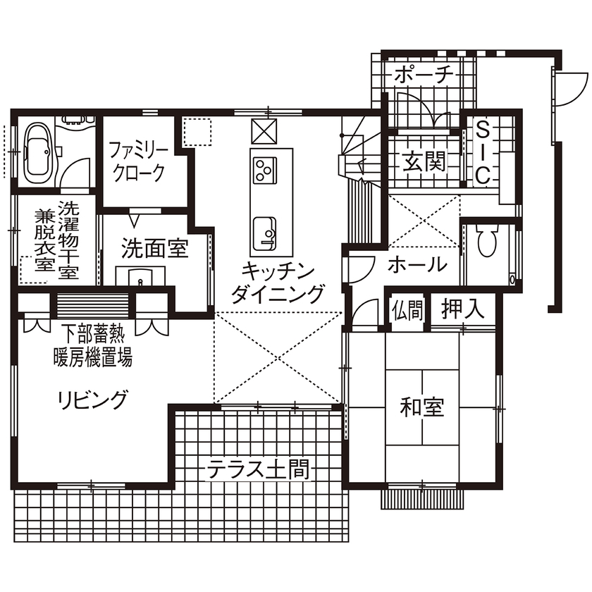 吹抜けの家  福山住宅 【阪神間/吹抜け/間取り有】家族をつなぐ吹抜けとテラス土間があるコの字の家の間取り図（5LDK）１階