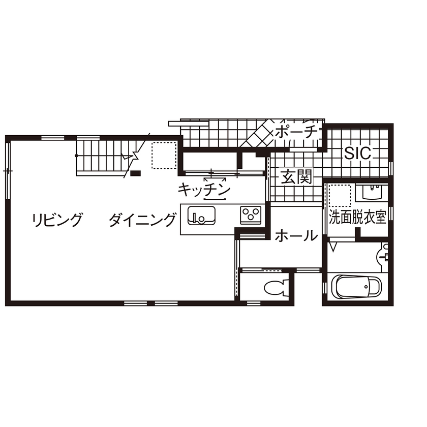 吹抜けの家  福山住宅 【北摂/2000万円台/土地探し/間取り有】自然の光が満ちる空間でホテルライクに暮らす家の間取り図（2LDK+S）１階