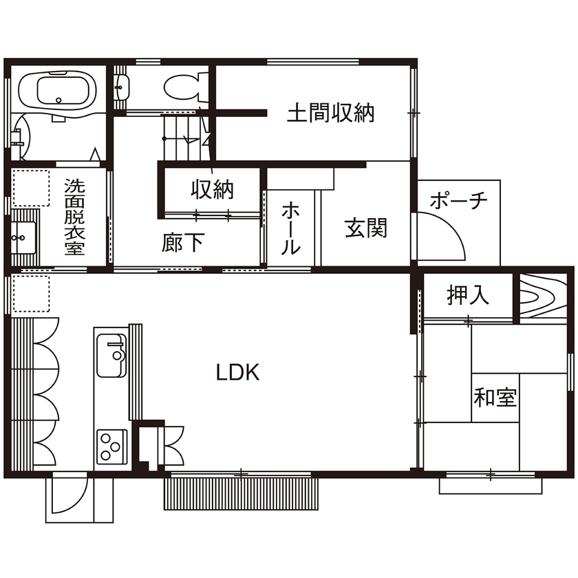 吹抜けの家  福山住宅 【京都/2000万円台/土地探し/間取り有】無垢の木が心地好いリビング。アンティークな和モダンの家の間取り図（4LDK）１階