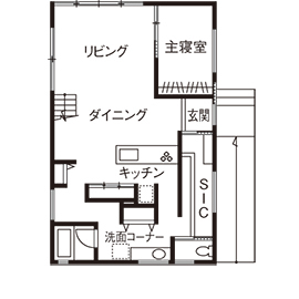 吹抜けの家  福山住宅 【北摂/2000万円台/土地探し/吹抜け/間取有り】北摂の緑豊かな街並みを見下ろす、景観の家の間取り図（4LDK）1階