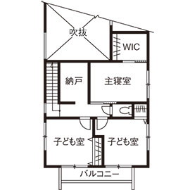 吹抜けの家  福山住宅 【北摂/2000万円台/土地探し/吹抜け/間取有り】北摂の緑豊かな街並みを見下ろす、景観の家の間取り図（4LDK）2階