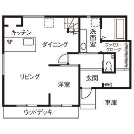 吹抜けの家  福山住宅 【北摂/2000万円台/土地探し/間取有り】無垢材が素足に心地よいLDK、じつは、将来に備えた準備も万全の間取り図（4LDK）1階