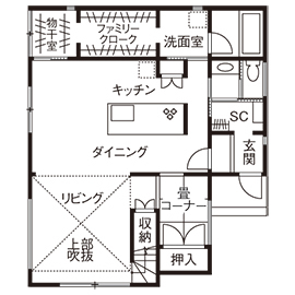 吹抜けの家  福山住宅 【北摂/3000万円台/土地探し/吹抜け/間取有り】忙しいママとパパを応援！家事の時短に貢献する家の間取り図（3LDK）1階