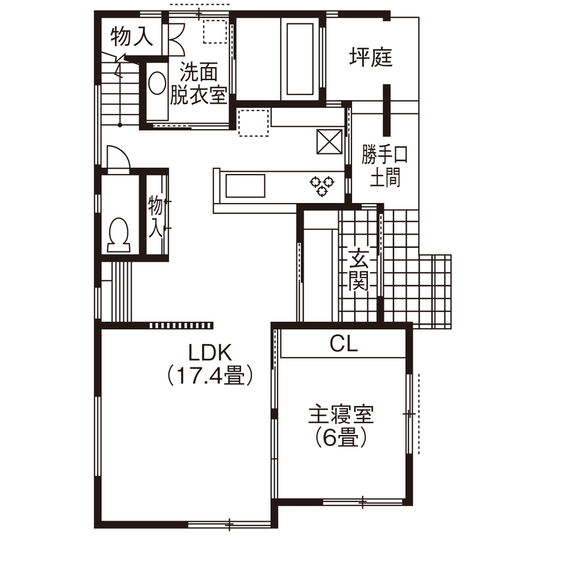吹抜けの家  福山住宅 【北摂/2000万円台/土地探し/間取有り】南向きの庭とリビング。日当たりが良くゆったりとくつろげる家の間取り図（3LDK）1階
