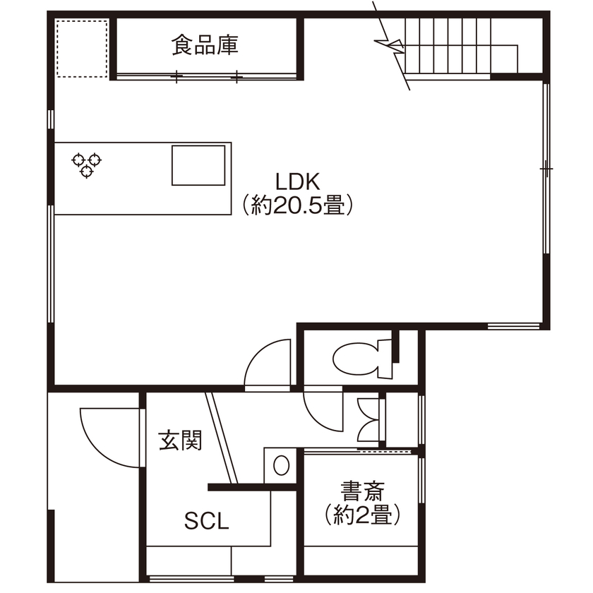 吹抜けの家  福山住宅 【北摂/2000万円台/土地探し/間取有り】約20畳のオープンLDK、生活感を見せないシンプルライフの間取り図（3LDK+書斎）1階