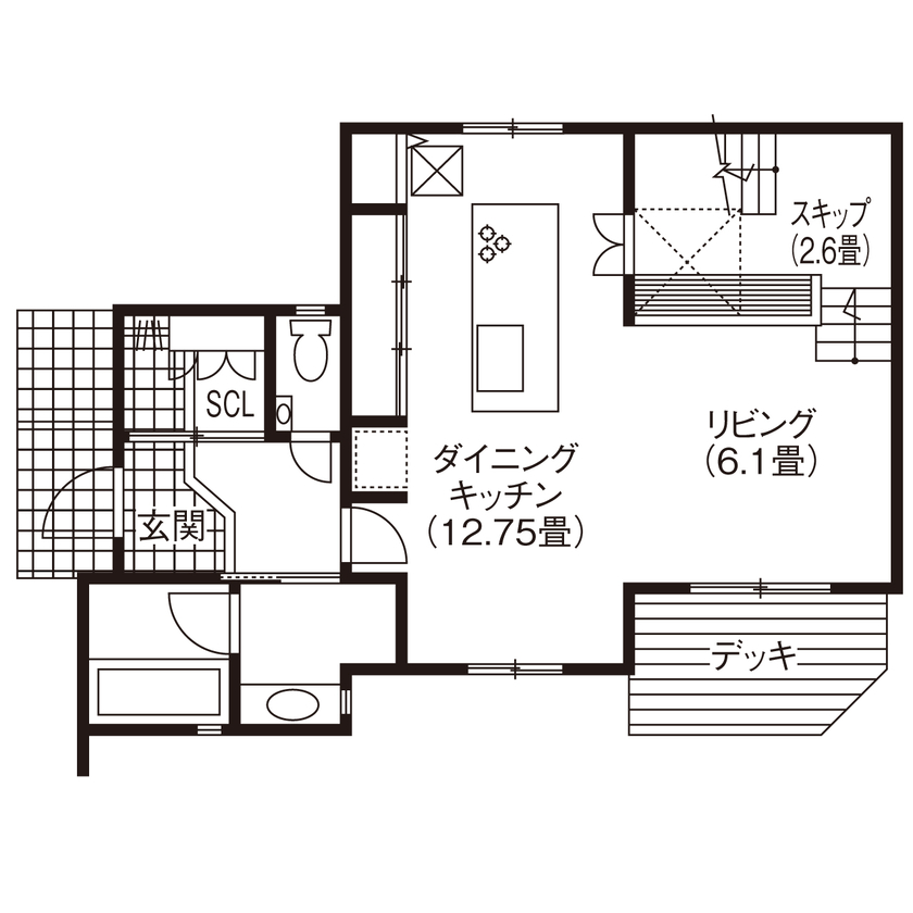 吹抜けの家  福山住宅 【北摂/2000万円台/土地探し/間取有り】多層フロアの大空間なのにエアコン1台で快適！ホテルライクな家の間取り図（2LDK+S）1階