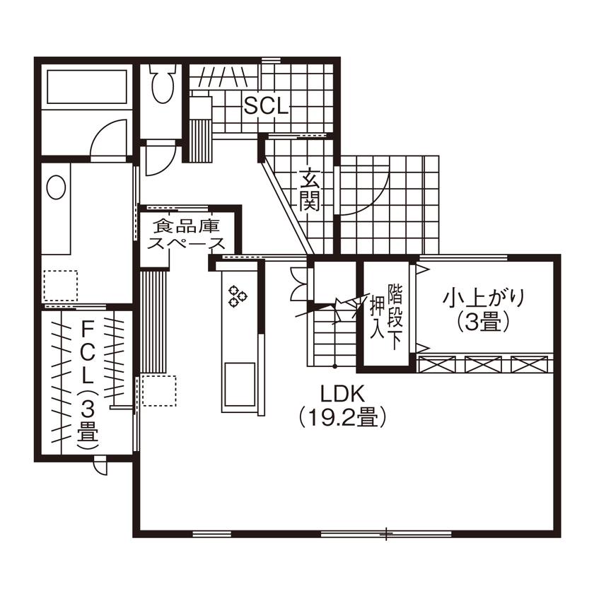 吹抜けの家  福山住宅 【北摂/2000万円台/土地探し/間取有り】玄関から幾重にも交差する機能的な回遊動線！ずっと住みやすい家の間取り図（3LDK+S）1階