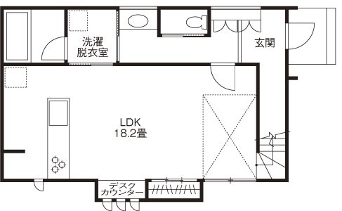 吹抜けの家  福山住宅 【吹き抜け/北摂/2000万円台/一級建築士】開放感あふれる健康的な住空間の実現の間取り図（2LDK）1階