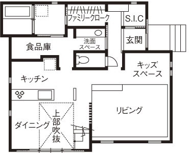 吹抜けの家  福山住宅 【吹き抜け/北摂/3000万円台/一級建築士】緑を切り取る窓がある暮らし。伸びやかで美しい家の間取り図（4LDK）1階