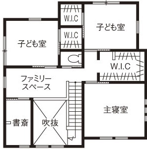 吹抜けの家  福山住宅 【吹き抜け/北摂/3000万円台/一級建築士】緑を切り取る窓がある暮らし。伸びやかで美しい家の間取り図（4LDK）2階