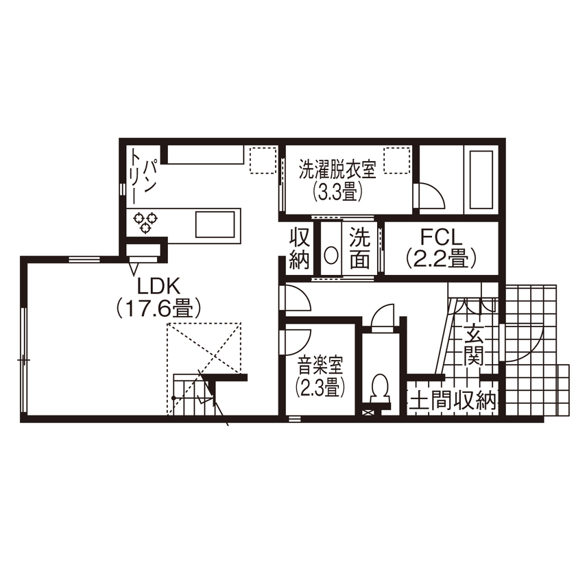 吹抜けの家  福山住宅 【北摂/2000万円台/吹抜け/土地探し】回遊動線が叶える快適な暮らしと遊び心ある住まいの間取り図（4LDK）1階